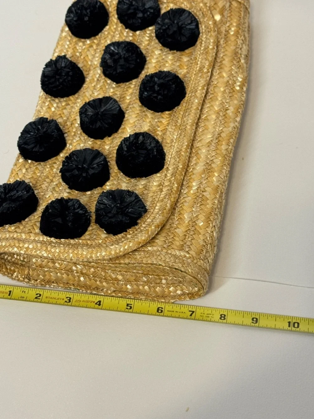 Ann Taylor Straw Raffia Clutch Black Pom Pom Fold Over Envelope Bag